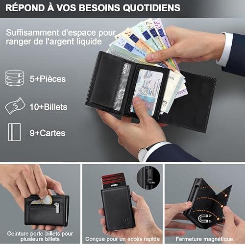 TENBST Portefeuille Homme en Cuir, Porte-Cartes avec Blocage RFID, 8 Porte Carte Crédit, Porte Carte Bancaire avec Compartiment à Billets et Poche à Monnaie - Boîte Cadeau thumbnail 5
