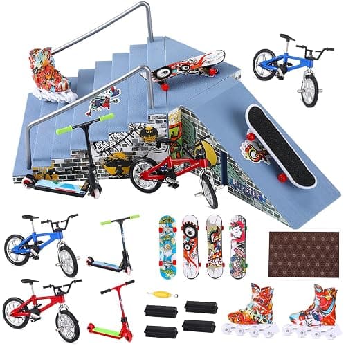 Civaner Fingerboard Skatepark Set 24 Pcs Mini Finger Toy with Finger Skateboards Ramp, Finger Bikes, Finger Scooter, Finger Skates for Skate Lovers Gift - Image 1