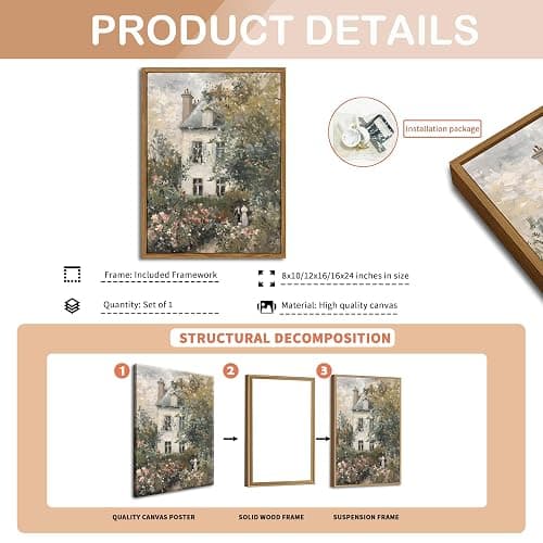 Floating Framed Canvas Vintage Wall Art, Neutral English Cottage Rose Garden Oil Paintings Print, Spring Pictures Wall Decor for Living Room Hallway Bedroom Office Rustic Decor 8x10 inch thumbnail 5