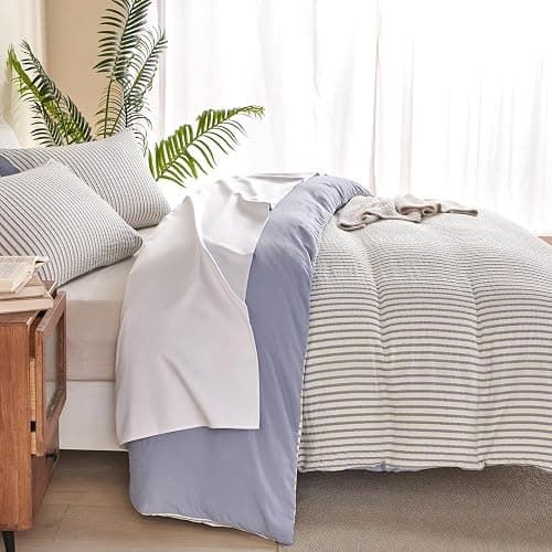 TISPLR Striped Comforter Queen Blue Soft Luxury Washed Microfiber Jacquard 3 Pieces Bedding, White Blue Vertical Ticking Stripes Pattern Comforter with 2 Pillowcases Breathable Durable Comfy thumbnail 4