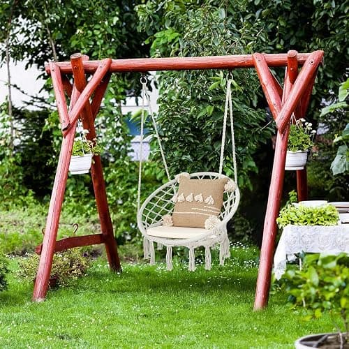 Saturnpower Hammock Chair Macrame Swing, Bohemian Style Round Hanging Chair, Handmade Knitted Cotton Rope Hammock Swing Chair for Indoor/Outdoor Home Bedroom Yard Garden Patio, Max 260Lbs, Beige thumbnail 2