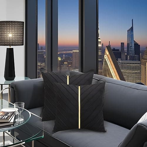 Tosleo Black Velvet Throw Pillow Covers 18 x18 inch Pack of 2 with Gold Leather Christmas Decorative Couch Pillow Cover Luxury Modern Pillowcases for Wedding Living Room Bedroom Sofa Cushion Bed thumbnail 2