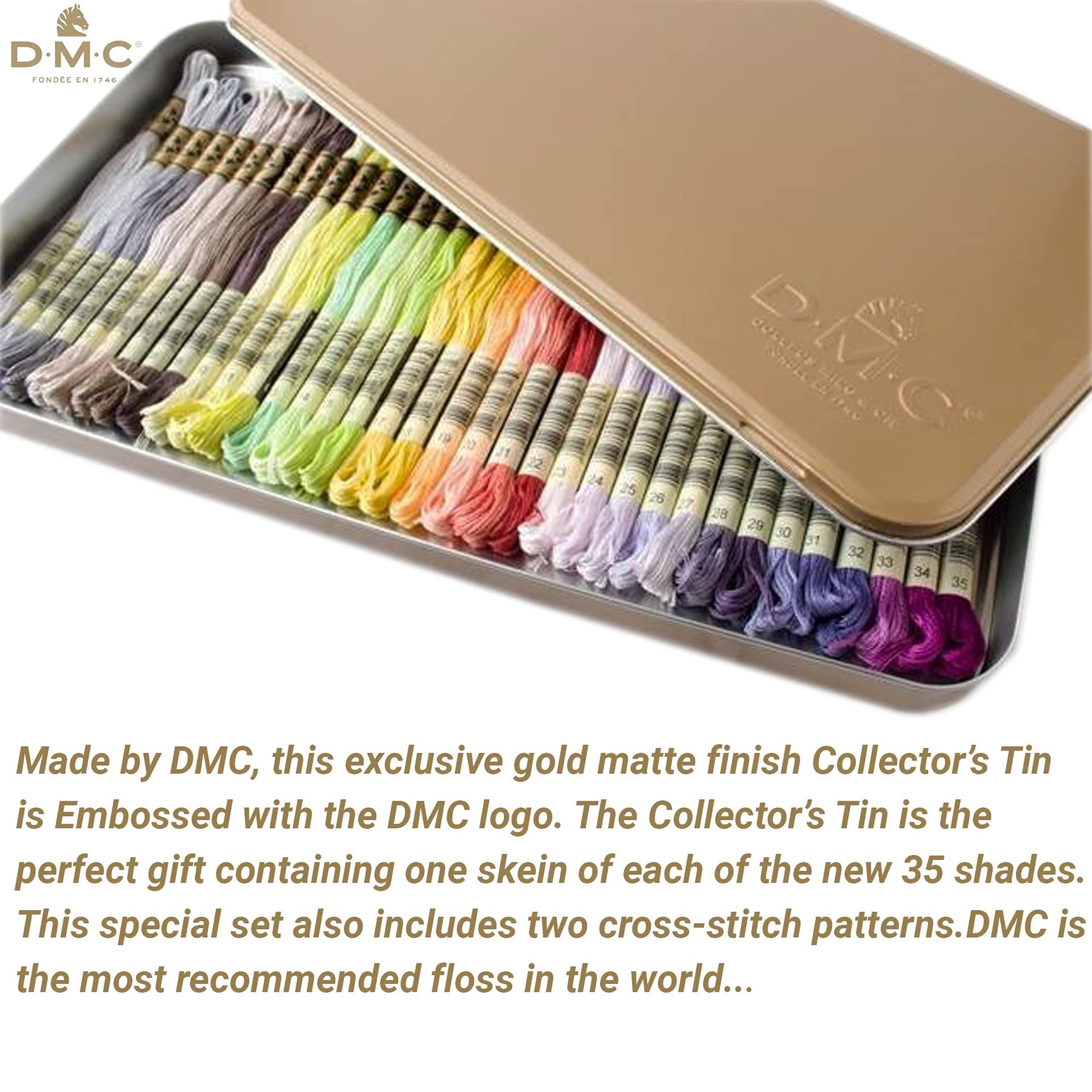 DMC Embroidery Floss Pack,35 Colors Assortment with Collector Tin,DMC Embroidery Thread Kit Bundle with DMC Needle Threader. Cotton Cross Stitch Supplies. Premium Quality String,Pastel Yarn Set. thumbnail 2