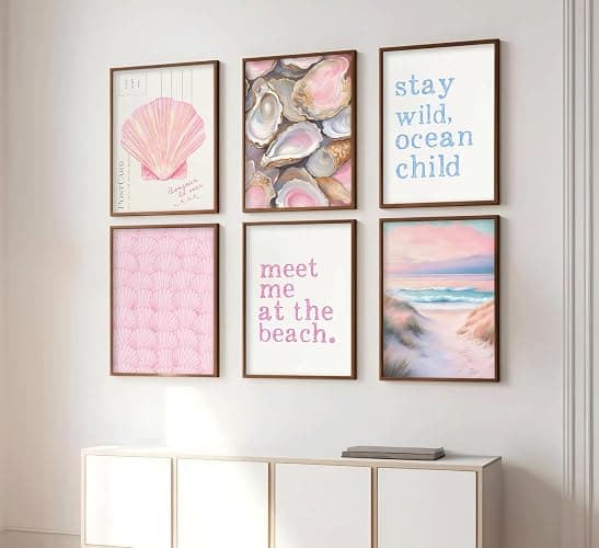 Pink Beach Preppy Wall art Coastal Granddaughter Aesthetic Room Painting Picture Wall Decor Shells Oyster Poster Print Artwork for Girls Room Girls Dorm Home Decoration thumbnail 6