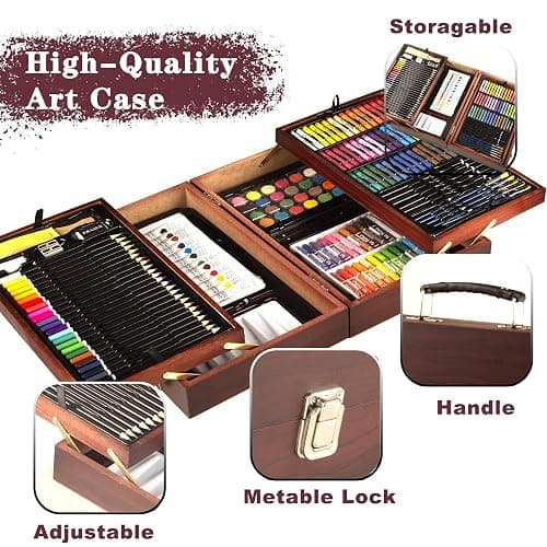 KINSPORY 168-Pack Art Supplies, Deluxe Wooden Art Set Crafts Drawing Painting Coloring Kit, 3 Pack Coloring Pads， Creative Gift Box for Artist Beginners Kids Girls Boys thumbnail 6