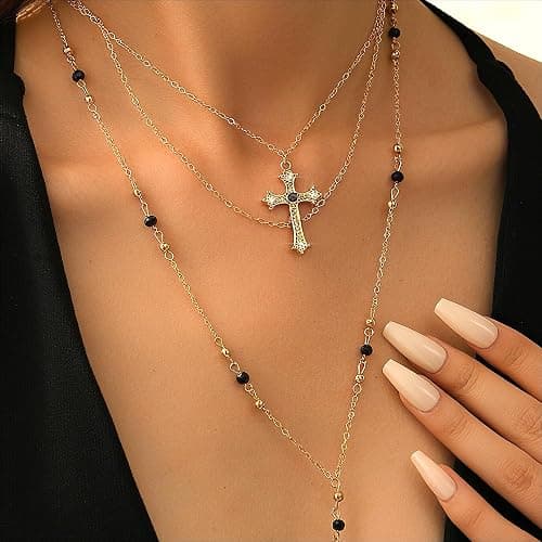 4PCS Layered Gold Cross Necklaces for Women Trendy, Bohemian Bead Pearl Y Long Pendant Necklace Set, Vintage Rosary Necklace Stack Adjustable Length thumbnail 3