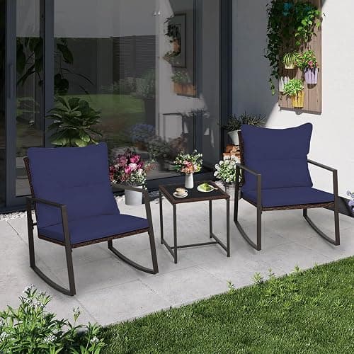 SUNCROWN 3 Piece Outdoor Rocking Bistro Set Brown Wicker Furniture Porch Chairs Conversation Sets with Glass Coffee Table, Dark Blue thumbnail 5