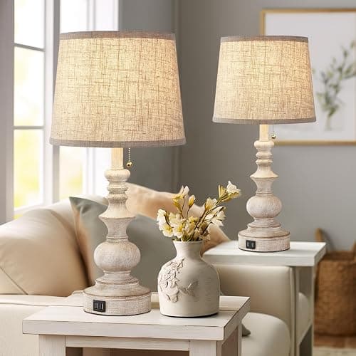 Drawealth Table Lamps for Bedrooms Set of 2 Farmhouse Bedside Lamps for Nightstand with USB Charging Ports Traditional Side Table Lamps for Living Room Wooden Finish, Pull Chain, Bulbs Not Included thumbnail 2