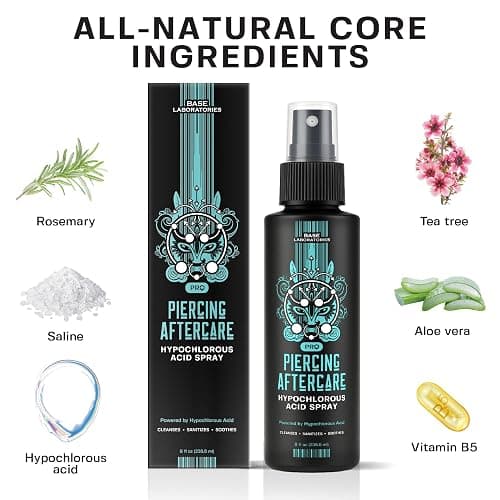 BASE LABORATORIES Piercing Aftercare Hypochlorous Acid Spray PRO - 8 OZ | Saline Solution Piercing Aftercare - Saline Spray for Ear Piercings, Bumps & Keloids | Ear, Nose, Belly - 2PK thumbnail 3