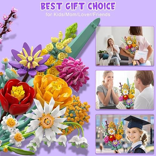 Set di Costruzione di Fiori, 1070 PCS Collezione Botanica, 10 Bouquet di Flowers Eterni, Regali Kit per Adulti San Valentino, Bambini Compleanni & Festa della Mamma thumbnail 6