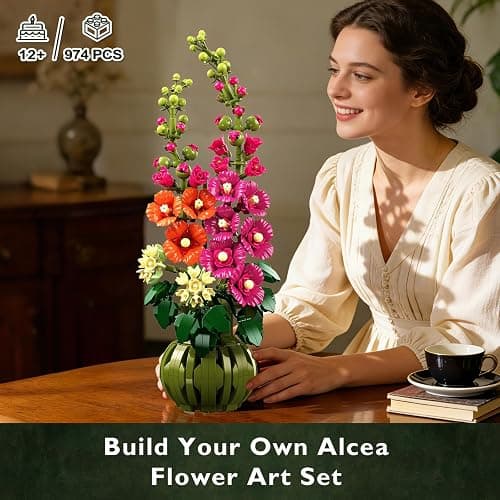 CUBIMANA Flowers Botanicals Alcea Rosea Building Set for Adults, Ages 12+ | Artificial Flowers & Plants for Home Office, Bedroom or Desk Decor, 974PCS Birthday Christmas Housewarming Gift for Women Men thumbnail 5