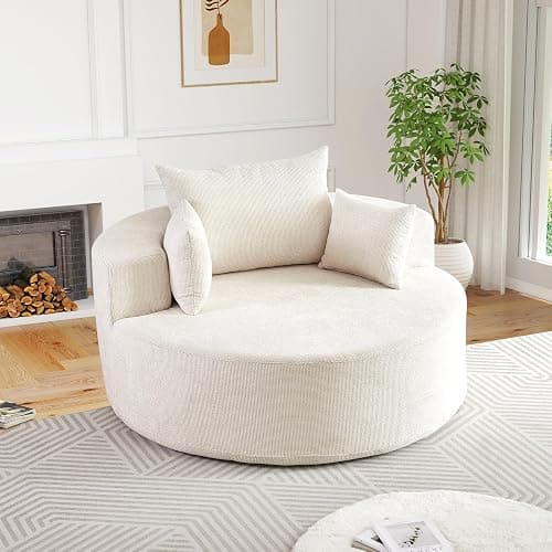 Antetek Oversized Round Chaise Longue Chair Indoor, Modern 55-inch Upholstered Waffle Chenille Deep Seat Circle Single Cloud Lounge Floor Sofa Chair for Living Room, Bedroom Apartment, Beige thumbnail 7