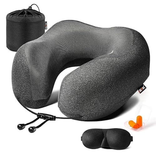 MLVOC Neck Pillow for Traveling, Upgraded 100% Pure Memory Foam Travel Neck Pillow for Airplane Flight Sleep, Breathable & Machine Washable Cover, Travel Kit with 3D Eye Mask, Earplugs & Bag, Black - Image 1