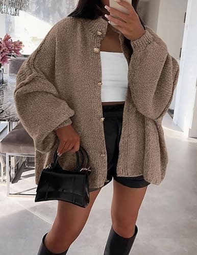 PRETTYGARDEN Women's Winter Button Down Cardigan Sweaters Mock Neck Lantern Long Sleeve Chunky Knit Jacket Trendy Outerwear thumbnail 2