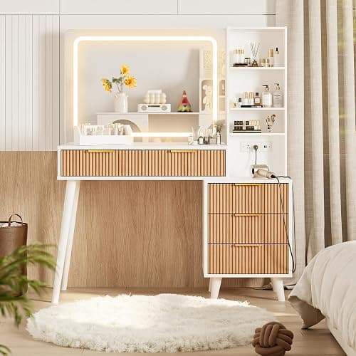Makeup Vanity Desk with Mirror and Lights, Makeup Vanity with 5 Drawers&Storage Shelves, Vanity Table with Power Outlet, 3 Color Adjustable Lighting Dressing Table Set for Bedroom Oak thumbnail 5