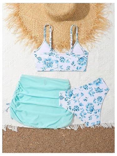 COZYEASE Girls' 3 Piece Set Floral Print Bikini Swimsuit with Drawstring Beach Skirt Cute Ruched Bathing Suit thumbnail 2