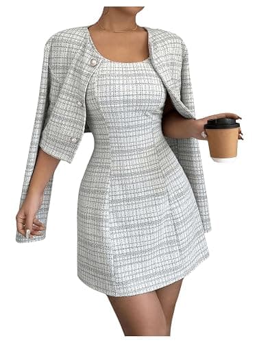 SOLY HUX Women's 2 Piece Plaid Long Sleeve Button Cropped Jacket Dress Set | 2 Piece Outfits, Tweed Set, Button Down, Sleeveless Mini Dress Sets - Image 1