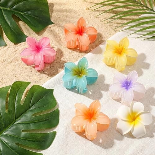 BAISEN 6 pcs Color Flower Hair Clips,3.14 inches Large Hawaiian Flower Claw Clip for Women Thin Thick Hair,Strong Non-slip Hibiscus hair clip, Tropical Beach Vacation hair accessories for Women Girls thumbnail 4