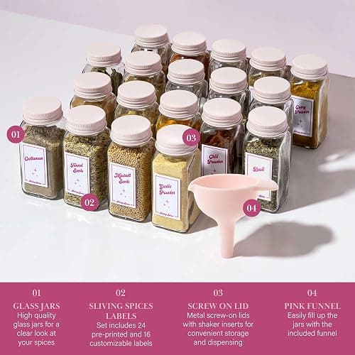Paris Hilton Glass Spice Jar Storage Set, 4-Ounce Empty Spice Jars with Labels, Shaker Caps and Metal Lids, Collapsible Funnel Included, 20-Piece, Pink thumbnail 5