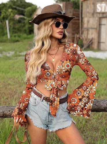 For G and PL Women Tie Front Bell Sleeve Rave Crop Tops Floral Print Hippie Mesh Sheer Shirt thumbnail 2