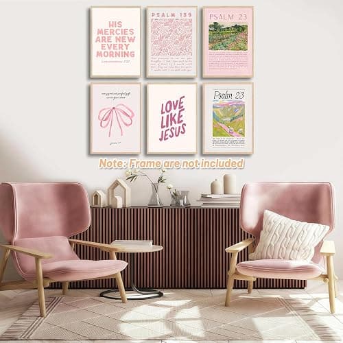 Wonninek Pink Christian Wall Art Decor Posters, Pink Bow Bathroom Bedroom Dorm Wall Art Decor Aesthetic for College Teen Girls Gifts, Inspirational Bible Verses Bow Wall Decor, 8x10 Inch Set of 6 Pcs Unframed thumbnail 6
