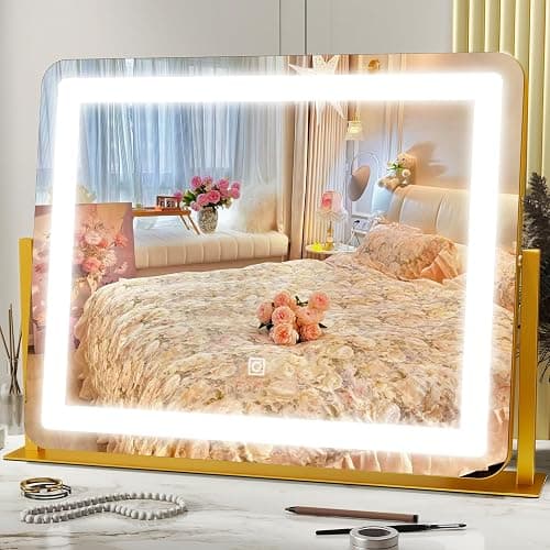 HNV Gold Vanity Makeup Mirror with Lights, 22"x17" Large Lighted Vanity Mirror, Dimmable LED with 3 Color Touch Lighting, Tabletop Mirror for Desk or Bedroom, 360° Rotation - Image 1