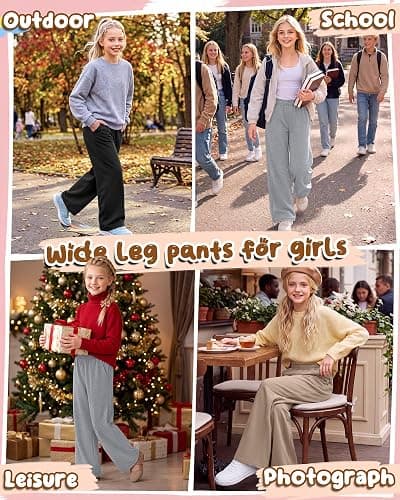 LessonZoo 3 Pack Girls Wide Leg Baggy Lightweight Sweatpants | Straight Leg Pull on Joggers, Open Bottom Pants with Pocket, Elastic Waist Stretchy Pant for School and Daily Wear, Ages 5-14 thumbnail 3