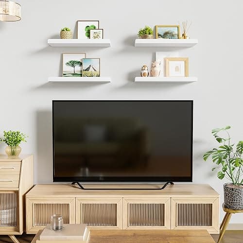 Love-KANKEI White Floating Shelves for Wall Set of 4, Wood Wall Shelves with Lip,15.6 Inch Rustic Hanging Shelves for Bedroom Bathroom Living Room Kitchen Nursery Display thumbnail 4