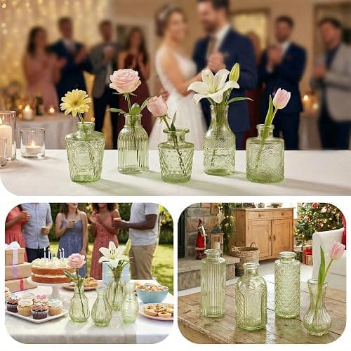 Glass Bud Vases in Bulk Set of 5, Green Small Mini Vases for Flowers, Vintage Vase for Centepiece,Wedding, Table Decor, Baby Shower, Christmas, Home and Events thumbnail 4