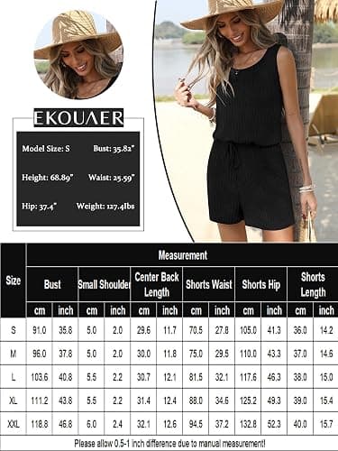 Ekouaer Rompers for Women Summer 2026 Casual Sleeveless Scoop Neck Tank Top Ribbed Short Jumpsuits Romper with Pockets thumbnail 6