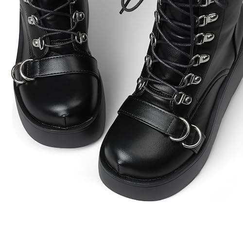 Yremael Women's Black Platform Boots Wedge Combat Gothic Chunky Heel Lace Up Mid Calf Punk Motorcycle Shoes thumbnail 7
