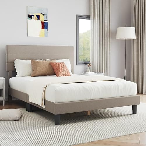 Novilla Full Size Bed Frame with Headboard, Full Bed Frame with Wooden Slats Support, Linen Upholstered Stripe Headboard, No Box Spring Needed, Heavy Duty Feet, Easy Assembly, Beige - Image 1