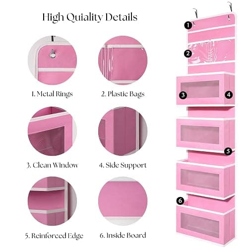 Over Door Organizer with 4 Large Capacity Pockets, Hanging Organizer Storage for Closet Bathroom Nursery Bedroom Dorm, Toys Cosmetics Sundries and Baby Essentials, Pink thumbnail 4