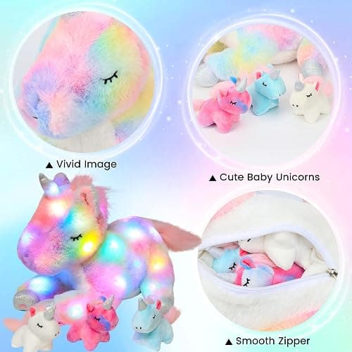 Hopearl LED Plush Unicorn Lighting Up Stuffed Mommy Unicorn with 3 Baby Unicorns in her Tummy Stuffed Animal Playset Night Lights Glow in The Dark for Mom Toddler Girls, Rainbow, 19'' thumbnail 6