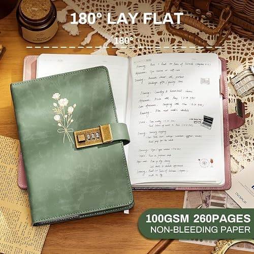 Ovesmusl Diary with Lock for Girls A5 Leather Diary for Women 260 Pages 100 GSM Refillable Journal with Lock for Teens Secrets Flower Journals with Combination Passwords, 5.7"x8.3", Green thumbnail 4