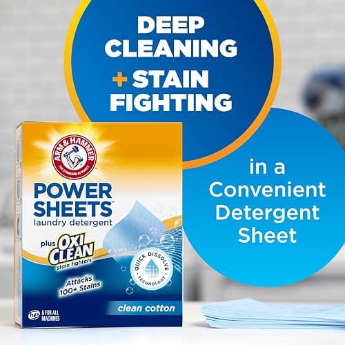 ARM & HAMMER Plus OxiClean Power Sheets Laundry Detergent, 52 Count | Attacks 100+ Stains, Effective Cleaning Power Sheet, 104 Medium Loads, Clean Cotton Scent thumbnail 2