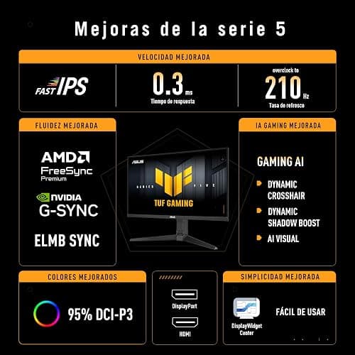 ASUS TUF Gaming VG27AQL5A Monitor de 27 Pulgadas, QHD (2560 x 1440), 210 Hz (OC), Fast IPS, ELMB Sync, 0.3 ms GTG (mín), Altavoz estéreo, DisplayWidget Center, IA Gaming, Ajuste de Altura thumbnail 3