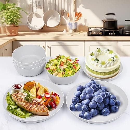 EI 12pcs Wheat Straw Dinnerware Set of 4,Plastic Plates Reuasble Unbreakable,Plastic Plates and Bowls Sets for Camping,Picninc,Family Dinner thumbnail 5