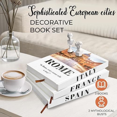 SIMPLIFY ASTHETIC - European Cities Decorative Books Set with 2 Busts Greek Methology and 3 Sets White Hardcover Coffee Table Books with Blank Pages, Home Decor Livingroom thumbnail 4