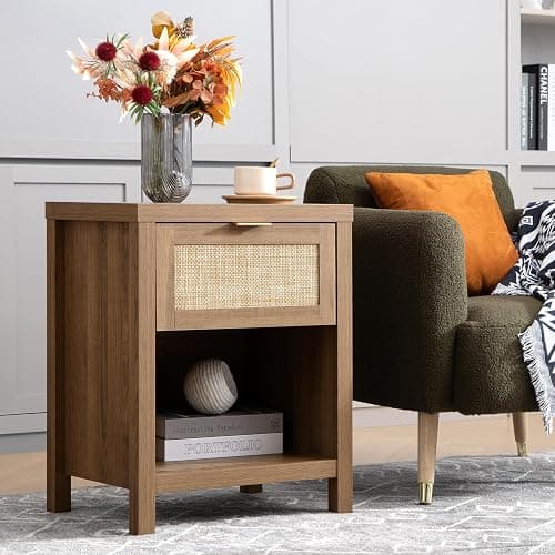 SICOTAS Rattan Nightstands Set of 2 - Farmhouse Night Stand with Drawer and Storage Shelf - Boho Bedside Table End Side Table for Bedroom, Oak thumbnail 8