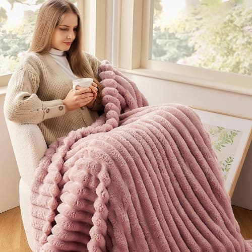NEWCOSPLAY Super Soft Throw Blanket Pink Premium Silky Flannel Fleece 3D Ribbed Jacquard Lightweight Bed Blanket All Season Use (Pink Ribbed, Throw(50"x60")) - Pink Ribbed - Throw(50"x60") thumbnail 7