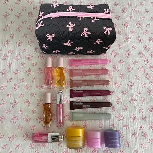 Trnerm Small Makeup Bag - Coquette Pink Bows Black Make Up Quilted Pouch, Cute Organizer for Cosmetic,Travel,Toiletry thumbnail 3