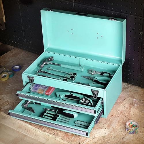 Amazon Basics Steel Tool Box Storage and Organization Drawers, Tool Storage with Powder Coat Finish, 18.11 x 8.66 x 9.45 in, Turquoise thumbnail 2