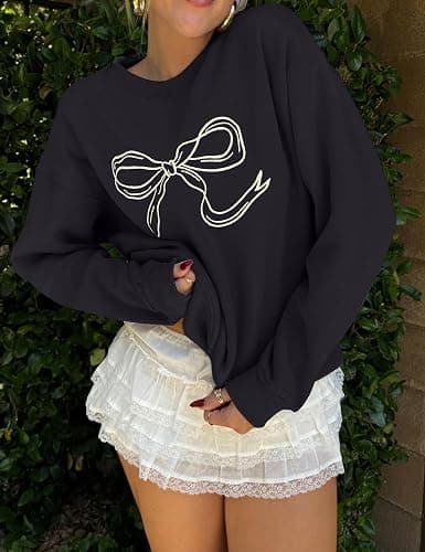 SHBECYDE Women Oversized Sweatshirt Bow Crewneck Long Sleeve Fleece Pullover Top Clean Girl Aesthetic Fall Sweatshirt Outfits thumbnail 4