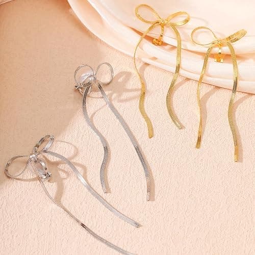 NVWAROCK Cilp-on Bow Earrings Non Pierced Ribbon Bow Dangle Drop Tassel Statement Earring for Women Dangling Long chain Earrings（Gold and Silver） thumbnail 6