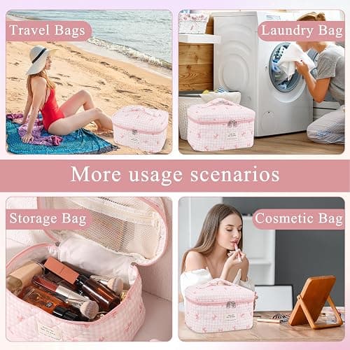 Anfly Makeup Bag, Quilted Cosmetic Bags, Large Floral Make Up Bag, Cute Makeup Bag 3PC Set for Women Girls (Pink) thumbnail 5