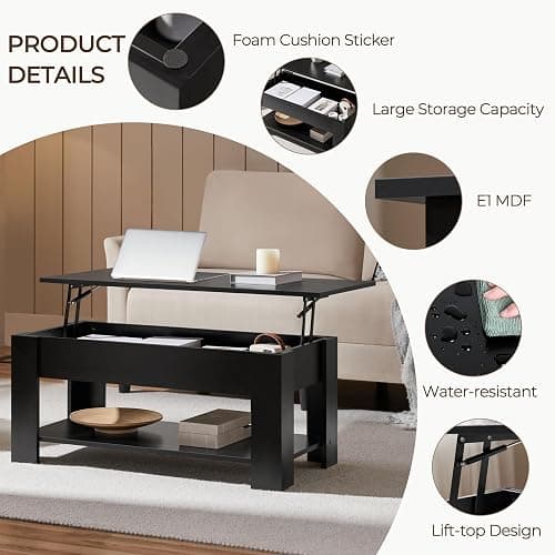 Yaheetech Coffee Table, Lift Top Coffee Table with Storage Compartment & Shelf for Living Room, Wooden Tea Tables with Lift Top, Black thumbnail 5