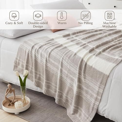 WRENGONGE Taupe Throw Blanket, 50x70 Soft Cozy Striped Throw Blankets for Couch, Sofa, Bed, Travel, Lightweight Fluffy Warm Plush Decorative Blankets for Women, Men Gift thumbnail 3