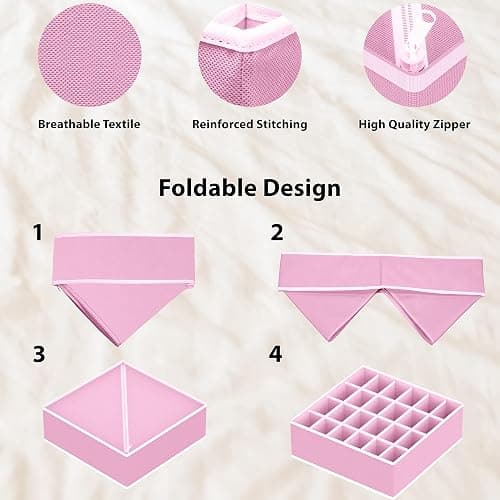 Simple Houseware 4-Pack Drawer Organizer Set - Closet Dividers for Underwear, Socks, Bras, Scarves, Ties - Foldable Non-Woven Storage Boxes, Pink thumbnail 6