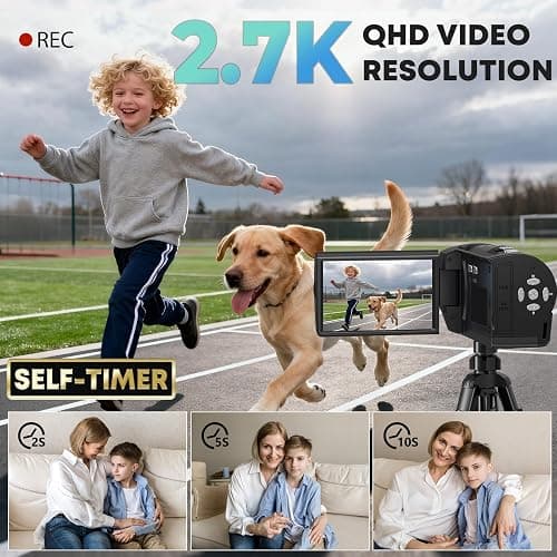 Gcasio 2.7K Video Camera Camcorder QHD 56MP YouTube Vlogging Camera Webcam 16X Digital Zoom with 32G SD Card 270 Degree Rotation Screen Camcorders and 2 Batteries Recording While Charging thumbnail 2